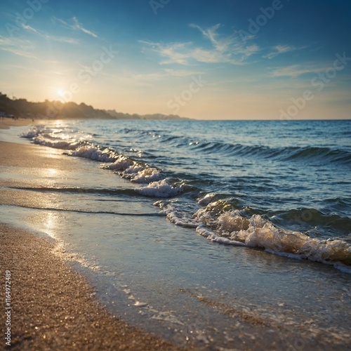 Seascape abstract beach background. blur bokeh light of calm sea and sky. Focus on sand foreground.

