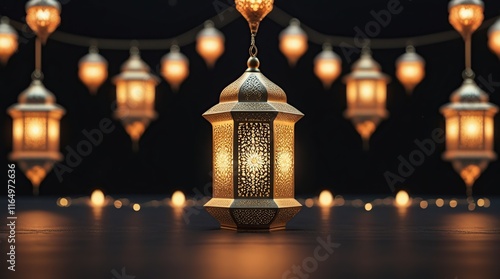 A delicate Ramadan decorative lantern, with a sharp and soft plain black background that highlights the intricate details of the subject.