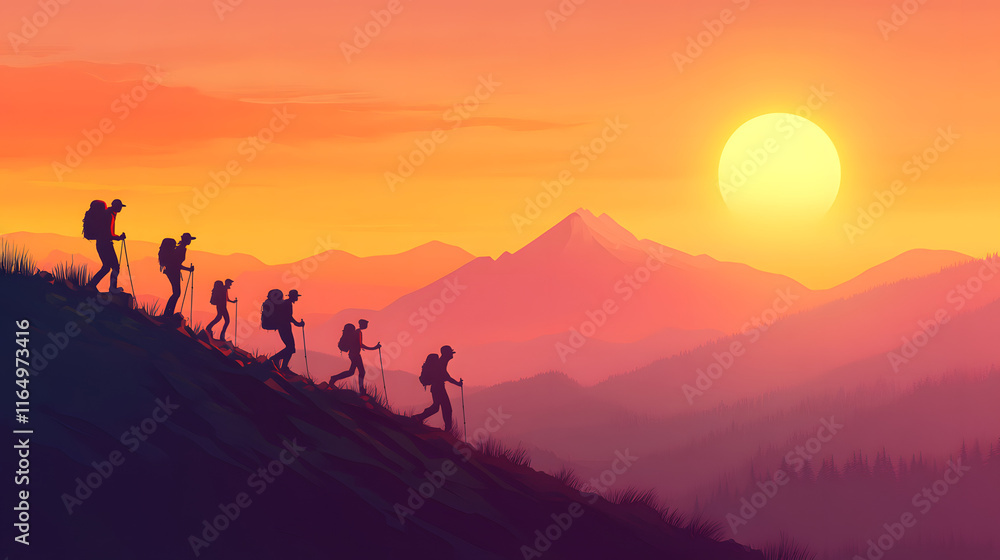 the journey of a group of climbers at sunset the journey of a group of climbers at sunset