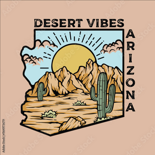 A desert vibe Arizona poster with a cactus and mountains. The poster is designed to evoke a sense of adventure and exploration photo