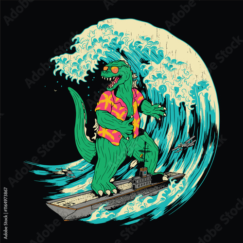 A green dinosaur is surfing on a wave with a ship in the background. The dinosaur is wearing a Hawaiian shirt and sunglasses