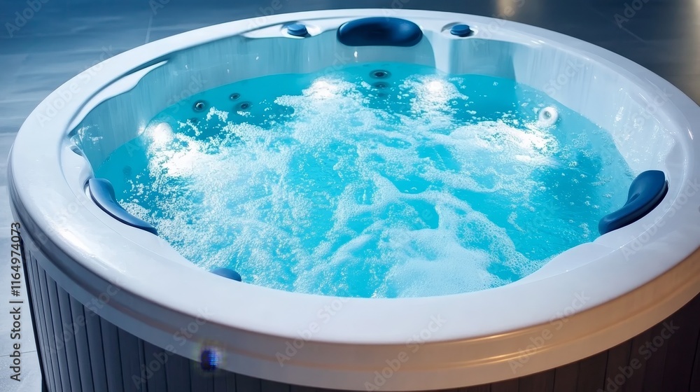 A modern hot tub with bubbling water and ambient lighting for relaxation and leisure. A modern hot tub with bubbling water and ambient lighting for relaxation and leisure.