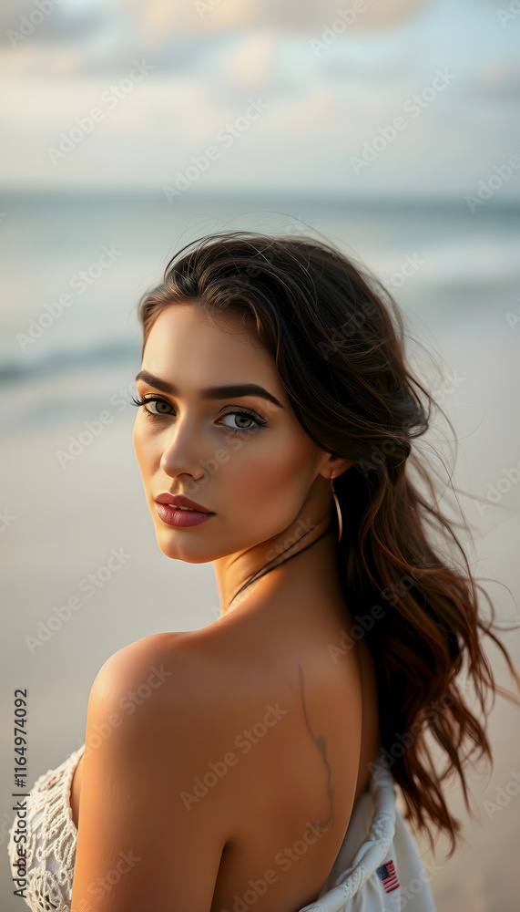 Cosmetic beauty banner with close-up portrait of a beautiful lady on the beach, angled photoshot, with white tones Cosmetic beauty banner with close-up portrait of a beautiful lady on the beach, angled photoshot, with white tones