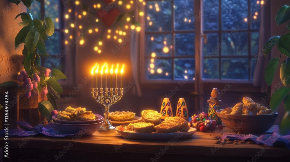 A cozy Hanukkah evening scene with a menorah glowing brightly, surrounded by latkes and dreidels on a wooden table A cozy Hanukkah evening scene with a menorah glowing brightly, surrounded by latkes and dreidels on a wooden table