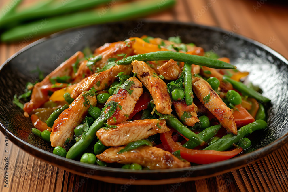 Sizzling chicken stir fry with colorful bell peppers, green beans, peas, and fresh parsley, served on a black plate Sizzling chicken stir fry with colorful bell peppers, green beans, peas, and fresh parsley, served on a black plate