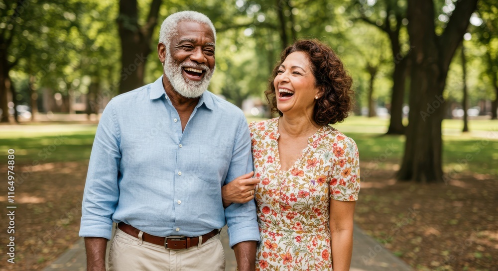 Joyful senior couple laughing together in lush park setting Joyful senior couple laughing together in lush park setting