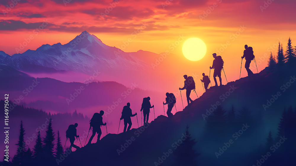 Fototapeta premium group of climbers at sunset