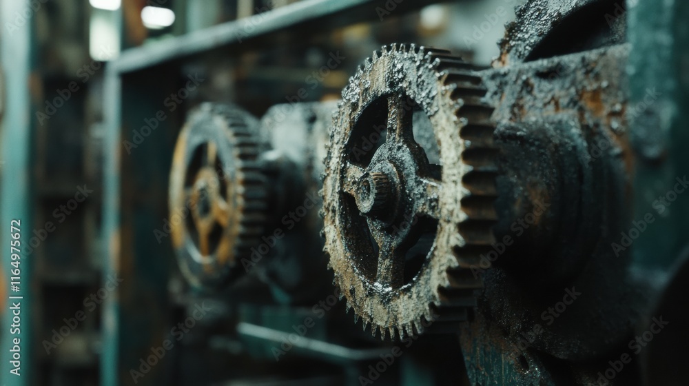 A detailed close-up of aged gears and mechanical parts in a vintage factory setting, styled with soft, ambient light A detailed close-up of aged gears and mechanical parts in a vintage factory setting, styled with soft, ambient light