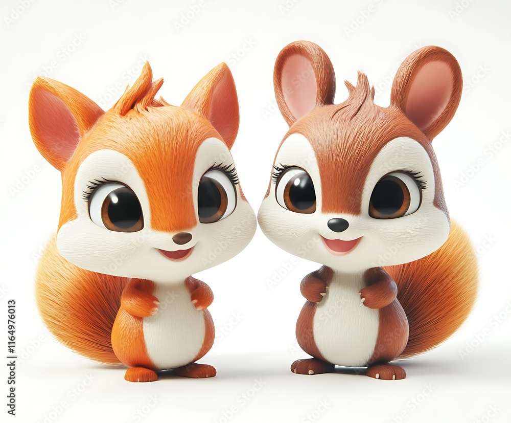 Two adorable cartoon squirrels, one red and one brown, standing side by side against a white background. Two adorable cartoon squirrels, one red and one brown, standing side by side against a white background.