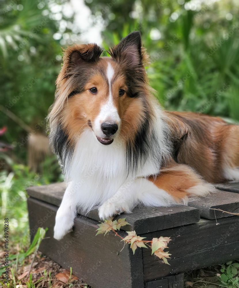 Cute dog Shetland sheep dog laying on a wooden deck smiling Cute dog Shetland sheep dog laying on a wooden deck smiling