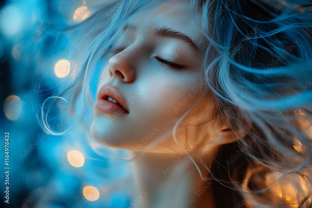 Serene woman with flowing hair, eyes closed, soft light. Serene woman with flowing hair, eyes closed, soft light.