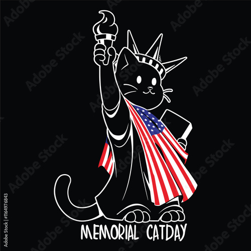 A black and white cat is holding a torch and a book, and the image is titled "Memorial Cat Day". The cat is dressed in a patriotic outfit, with an American flag draped over its sho