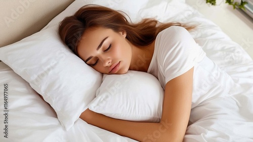 [Tranquil woman sleeping peacefully.] Serene woman sleeping peacefully under white comforter in minimalist bedroom.