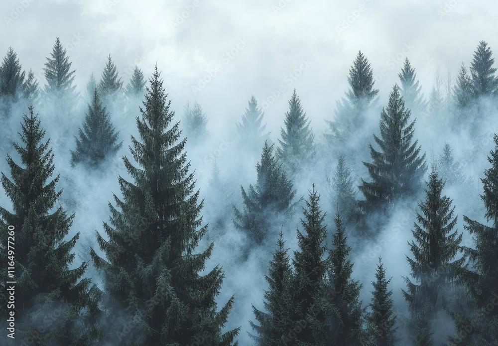 Fototapeta premium Misty evergreen forest, shrouded in fog, viewed from above.