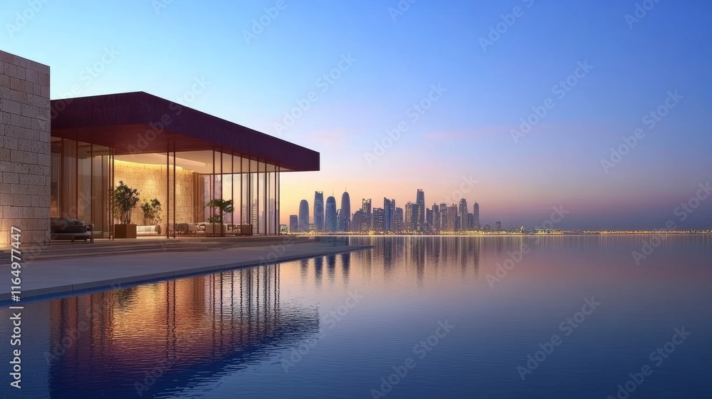 Obraz premium Arabian Gulf skyline, a view of skyline reflecting in calm waters during twilight