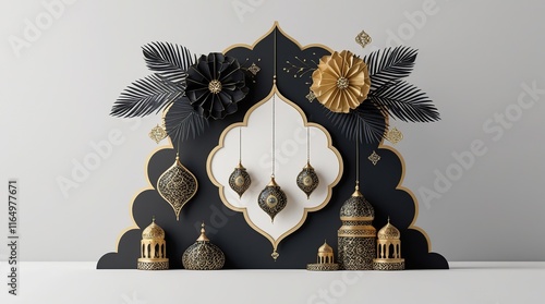 Elegant black and gold embellished 3D decoration illustration on luxury ramadan banner template design with subtle noise texture