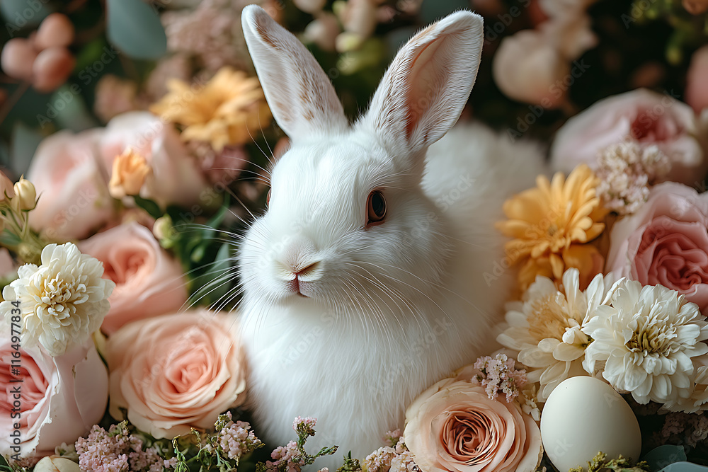 A cute white rabbit sitting next to pastel-colored Easter eggs and a vase of pink spring flowers. A soft, warm light highlights the festive and cheerful Easter atmosphere.