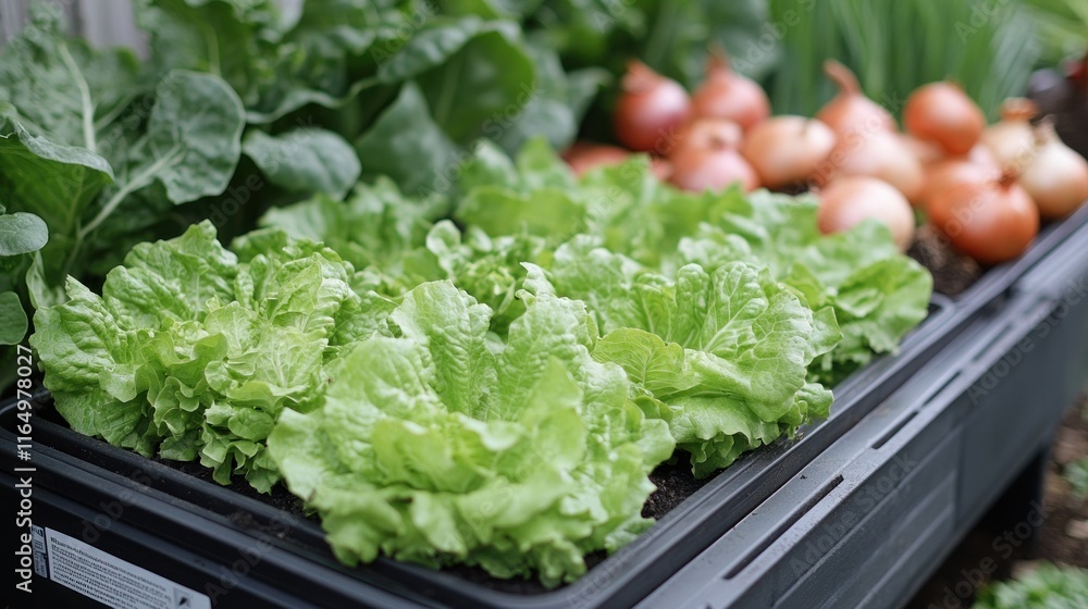 Fresh lettuce and onions growing in a raised garden bed. Fresh lettuce and onions growing in a raised garden bed.