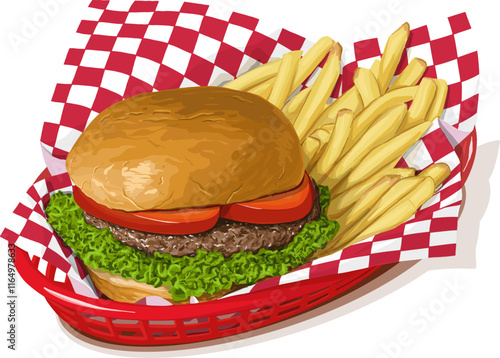 A hamburger is a popular sandwich consisting of a ground meat patty, usually beef, served between two halves of a bun garnished with lettuce, tomato, onions.