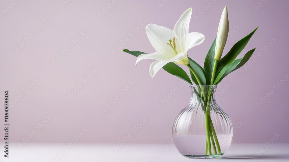 A simple arrangement of white lilies in a clear vase against a soft purple background.