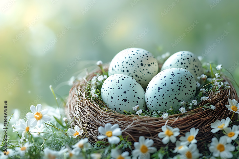 Fototapeta premium Colorful pastel eggs, decorated with patterns, laid out on a festive table with flowers and napkins