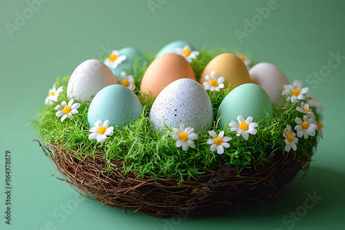 Colorful pastel eggs, decorated with patterns, laid out on a festive table with flowers and napkins photo