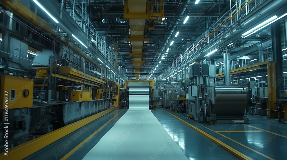 Modern paper mill interior with large rolls of paper moving along a production line. Modern paper mill interior with large rolls of paper moving along a production line.