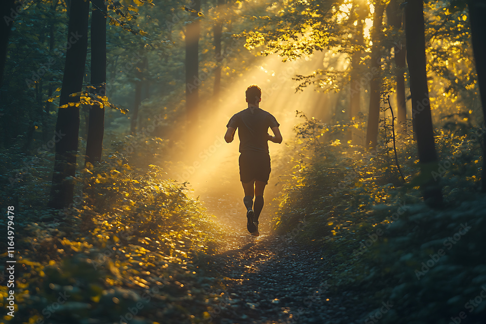 A lone athlete runs along a forest path with the sun's rays breaking through the trees, symbolizing motivation and focus
A lone athlete runs along a forest path with the sun's rays breaking through the trees, symbolizing motivation and focus