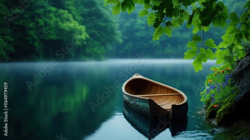 Wallpaper Mural [Nature Retreats rural environmental escapes] Serene Lake Oasis with Wooden Canoe: Peaceful Waterfront Retreat for Relaxation and Adventure Torontodigital.ca