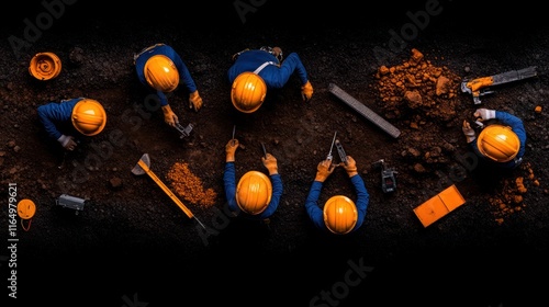 Busy Builders: Aerial View of Construction Workers on Site