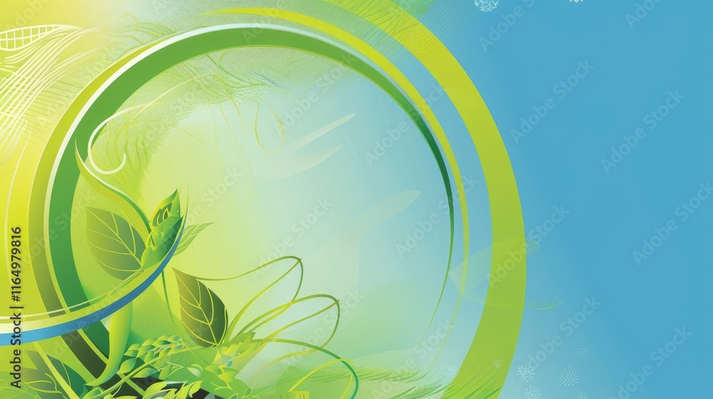 A vibrant abstract design featuring green curves and leaves against a blue background. A vibrant abstract design featuring green curves and leaves against a blue background.