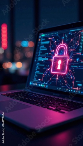 Laptop computer with digital padlock and cyber security network, digital technology, password