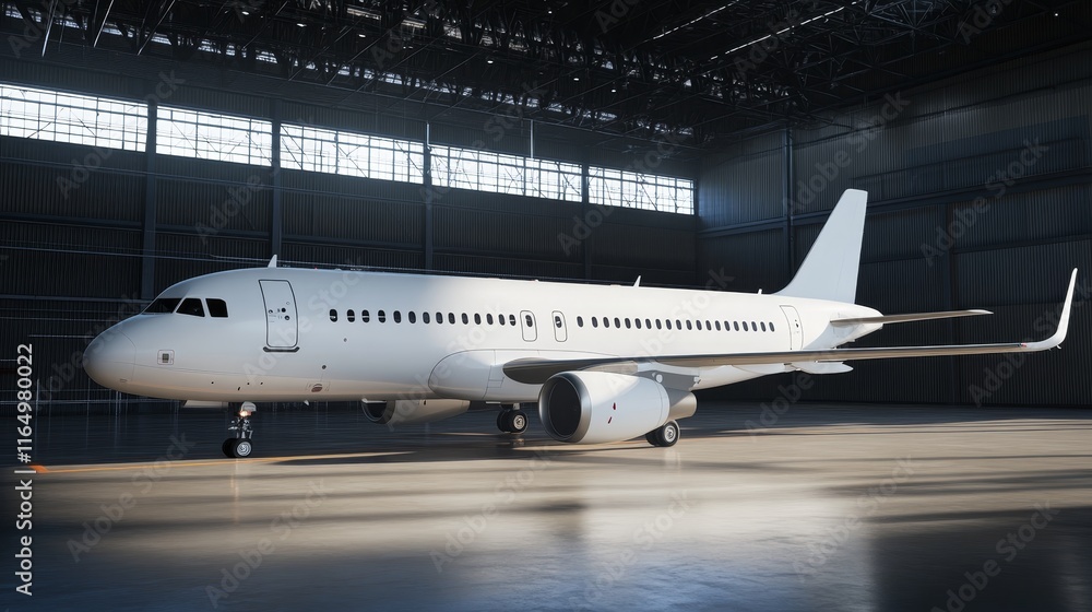 A sleek white airplane parked in a spacious hangar, illuminated by natural light. A sleek white airplane parked in a spacious hangar, illuminated by natural light.