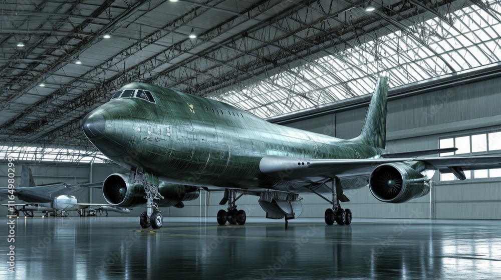 A large aircraft in a hangar, showcasing its metallic structure and spacious interior. A large aircraft in a hangar, showcasing its metallic structure and spacious interior.