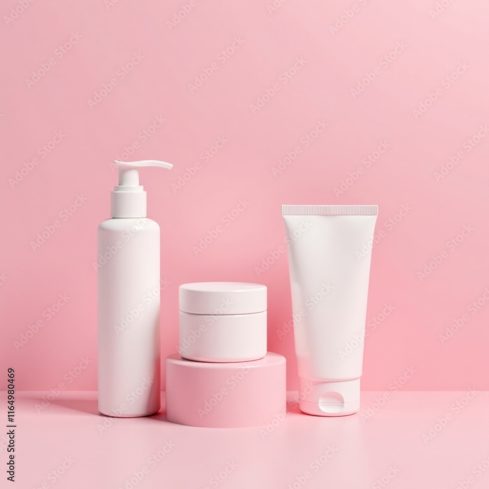 Pastel pink gradient background with clean white makeup products and sleek packaging, product showcase, promotional Pastel pink gradient background with clean white makeup products and sleek packaging, product showcase, promotional