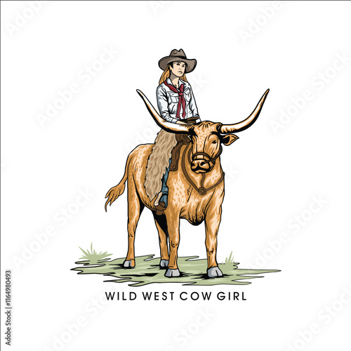 A woman is riding a cow in a Wild West Cow Girl illustration. The cow has large horns and the woman is wearing a cowboy hat