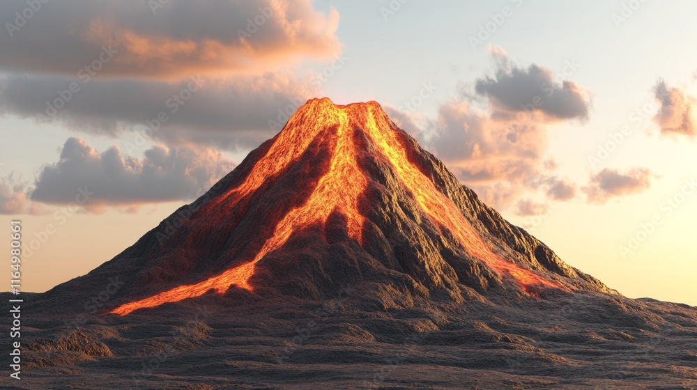 Fototapeta premium A glowing volcano erupts with lava, set against a serene sky and clouds.