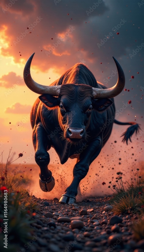Powerful Bull Charging Forward Against Dark Sky , ascension, charging forward Powerful Bull Charging Forward Against Dark Sky , ascension, charging forward