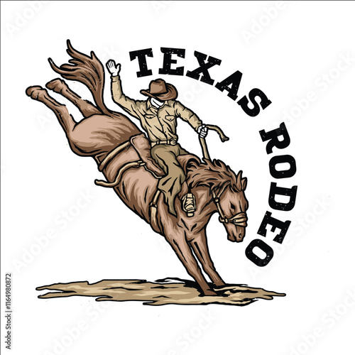 A cowboy riding a horse that is bucking. The horse is in the middle of the image and the cowboy is on the right side. The image is titled Texas Rodeo