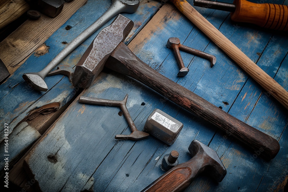 An old hammer displayed on a blue-stained wooden plank, with a few vintage tools surrounding it, creating a nostalgic workshop vibe. 32k, full ultra hd, high resolution - An old hammer displayed on a blue-stained wooden plank, with a few vintage tools surrounding it, creating a nostalgic workshop vibe. 32k, full ultra hd, high resolution -
