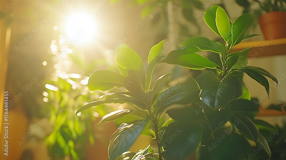 Obraz premium Sunlit Green Plant Leaves Basking In Warm Light