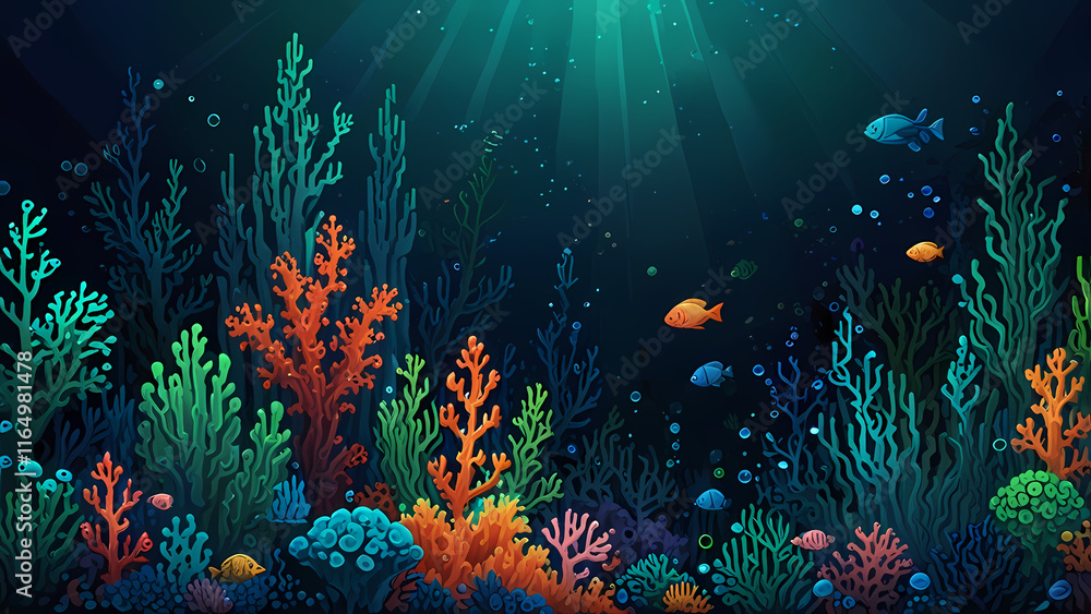 Naklejka premium abstract pixel art illustration showcasing a serene underwater world, with pixelated coral reefs, floating bubbles, and glowing marine life in shades of blue and green
