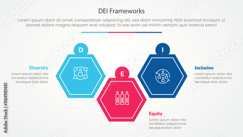 DEI frameworks infographic concept for slide presentation with hexagon shape up and down with 3 point list with flat style