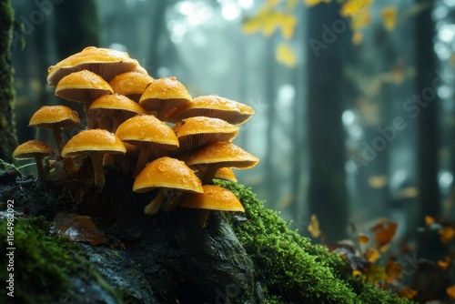 Cluster of vibrant orange mushrooms growing on moss-covered log in misty forest. photo