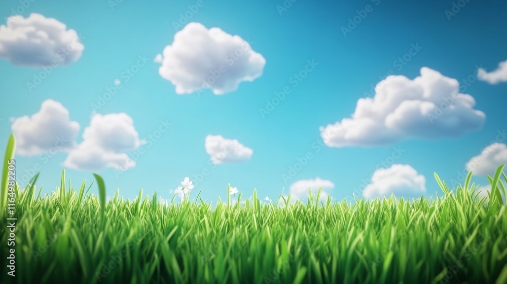 Sunny Day Dreams: Whimsical 3D Cartoon Landscape with Lush Green Grass and Blue Sky Sunny Day Dreams: Whimsical 3D Cartoon Landscape with Lush Green Grass and Blue Sky
