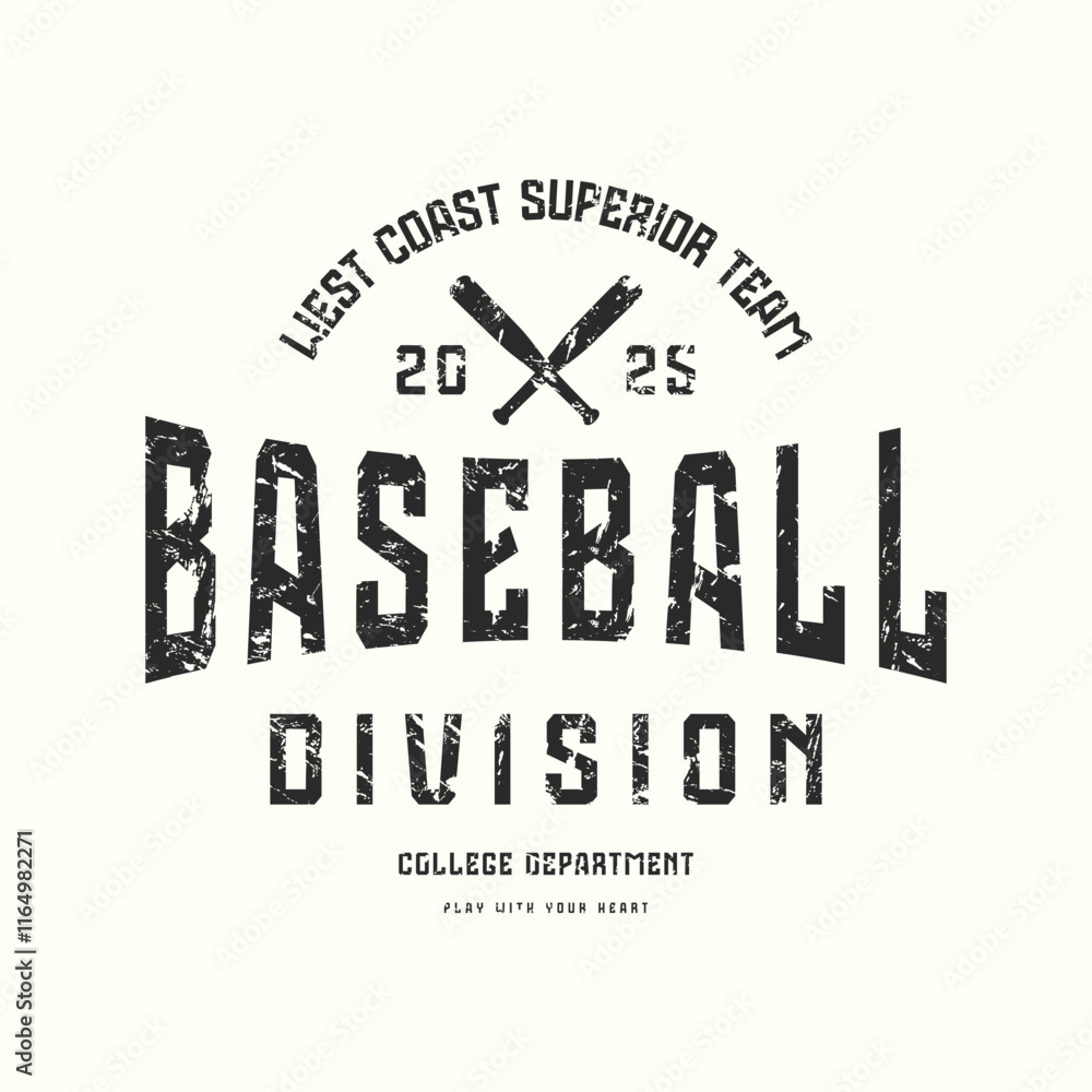 Baseball division typographic emblem. Graphic design with rough texture for t-shirt. Black print on white background