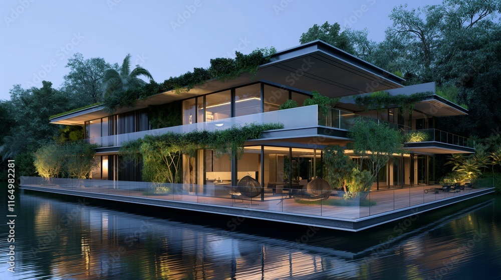 An ultra-modern villa with a floating design, connected by glass bridges and surrounded by lush greenery, highlighting advanced eco-friendly features. 32k, full ultra hd, high resolution - An ultra-modern villa with a floating design, connected by glass bridges and surrounded by lush greenery, highlighting advanced eco-friendly features. 32k, full ultra hd, high resolution -