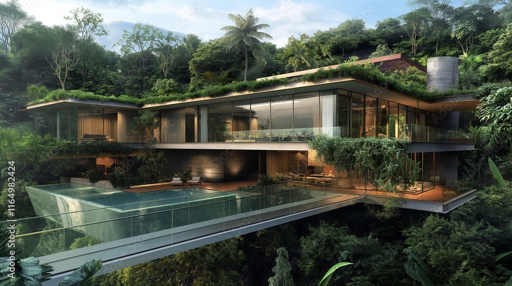 An ultra-modern villa with a floating design, connected by glass bridges and surrounded by lush greenery, highlighting advanced eco-friendly features. 32k, full ultra hd, high resolution - An ultra-modern villa with a floating design, connected by glass bridges and surrounded by lush greenery, highlighting advanced eco-friendly features. 32k, full ultra hd, high resolution -