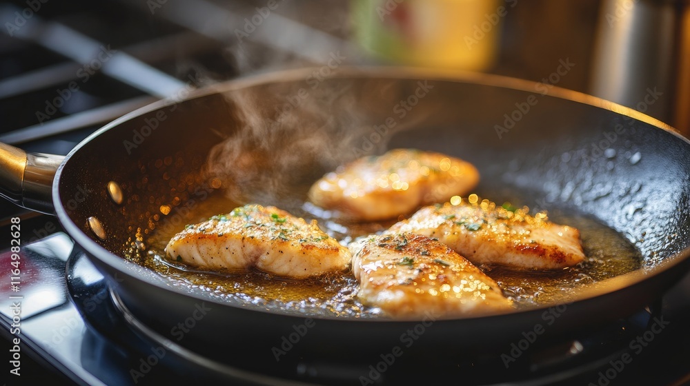 Cooking Fresh Fish Fillets in a Hot Pan with Sizzling Oil and Herbs, Capturing the Delicious Aroma of a Homemade Meal in a Modern Kitchen Setting Cooking Fresh Fish Fillets in a Hot Pan with Sizzling Oil and Herbs, Capturing the Delicious Aroma of a Homemade Meal in a Modern Kitchen Setting