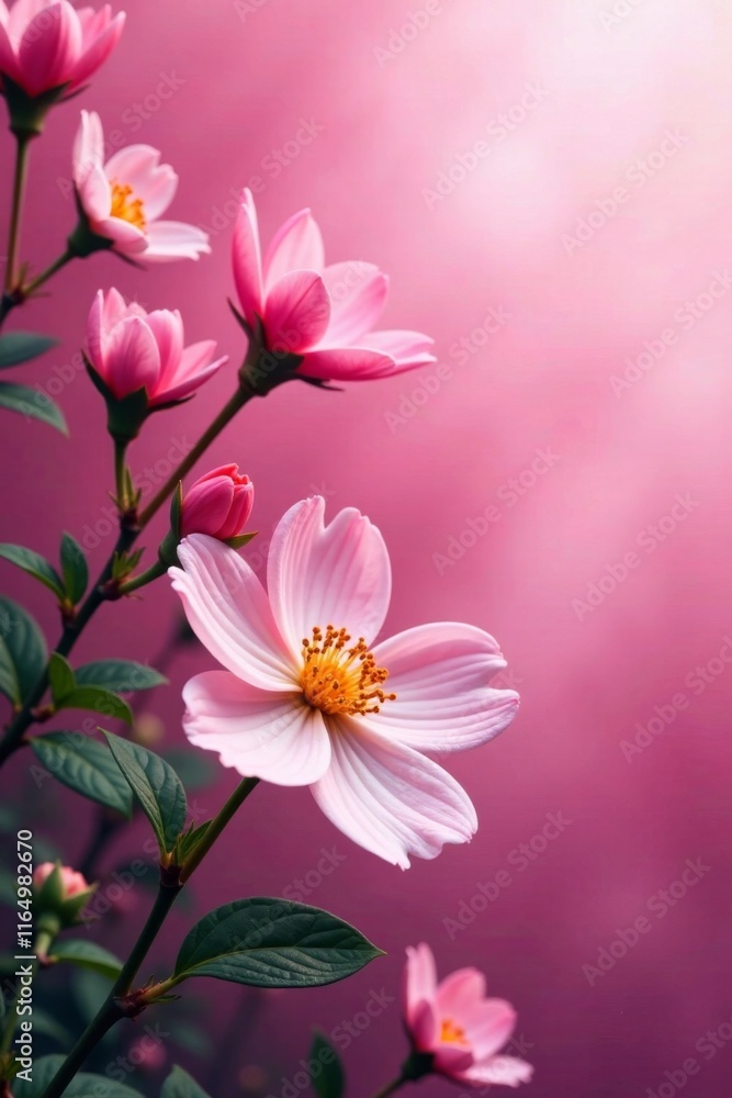 Fototapeta premium Vibrant flowers blooming in a pink mist background, floral, floral arrangement